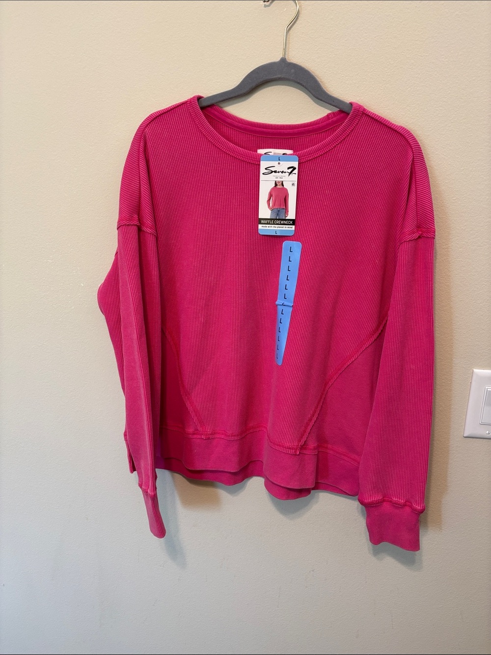 NWT -Seven7 Hot Pink Waffle Knit Crewneck Sweatshirt size large